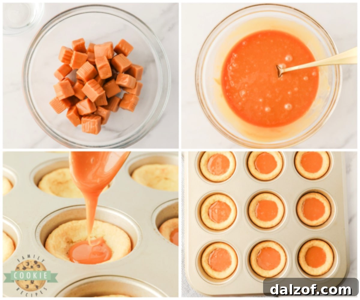 Pouring caramel into sugar cookie cups.