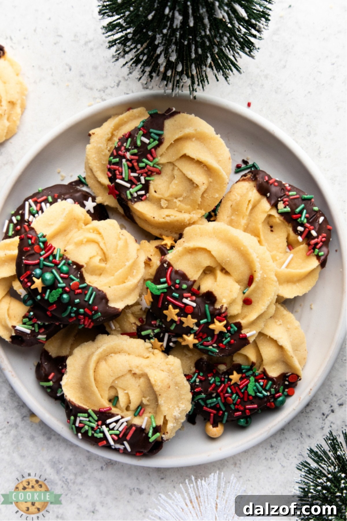 Classic holiday butter cookies made with buttery cookie dough and covered in chocolate & sprinkles. Incredible shortbread cookie with a delicate texture and fantastic flavor!