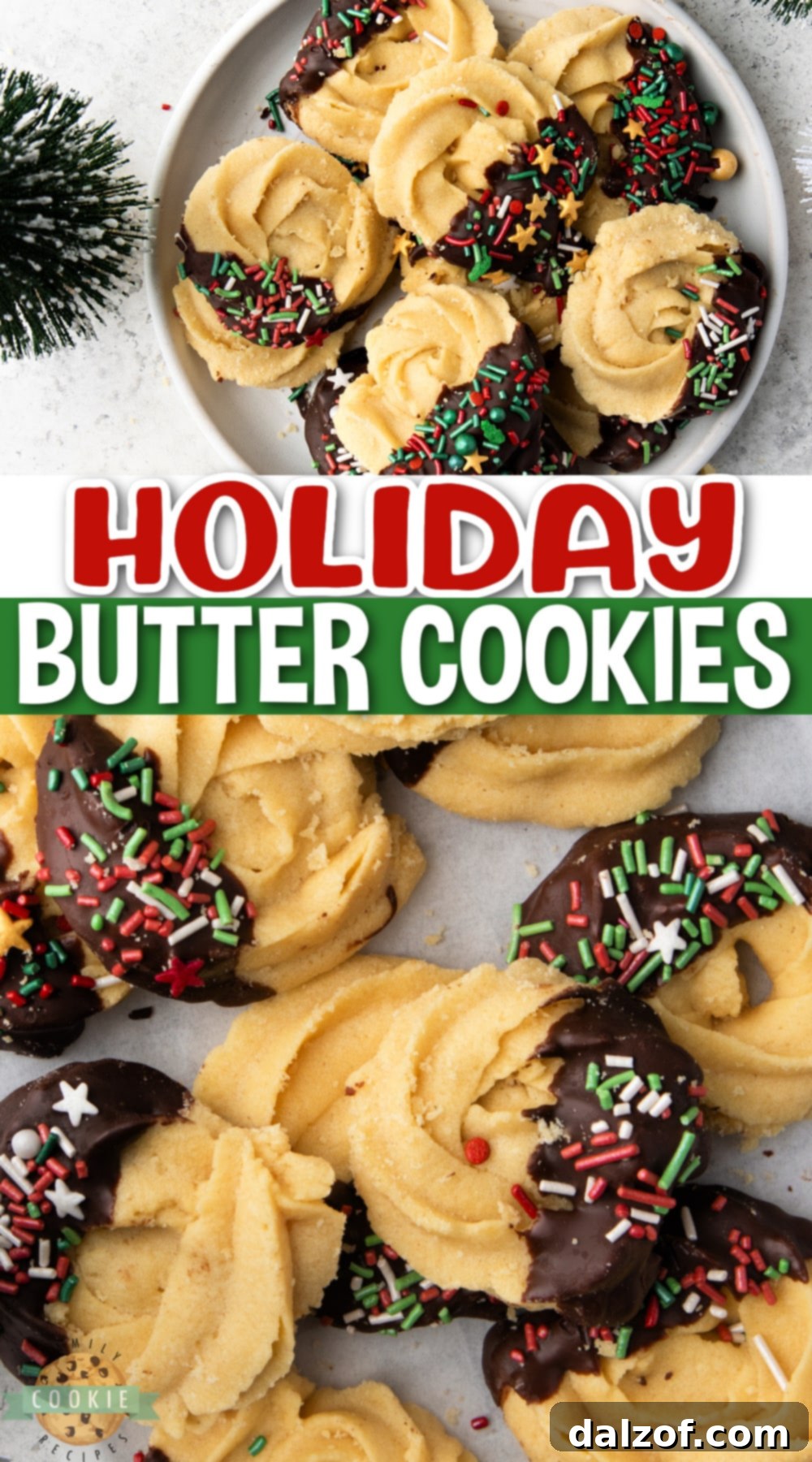 Classic holiday butter cookies made with buttery cookie dough and covered in chocolate & sprinkles. Incredible shortbread cookie with a delicate texture and fantastic flavor!