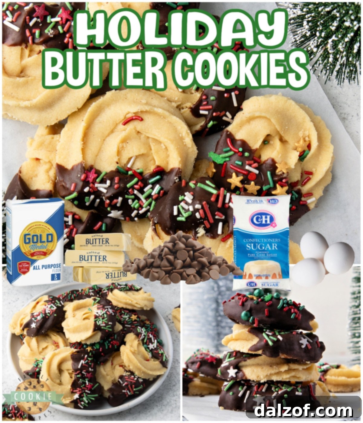 Classic holiday butter cookies made with buttery cookie dough and covered in chocolate & sprinkles. Incredible shortbread cookie with a delicate texture and fantastic flavor!