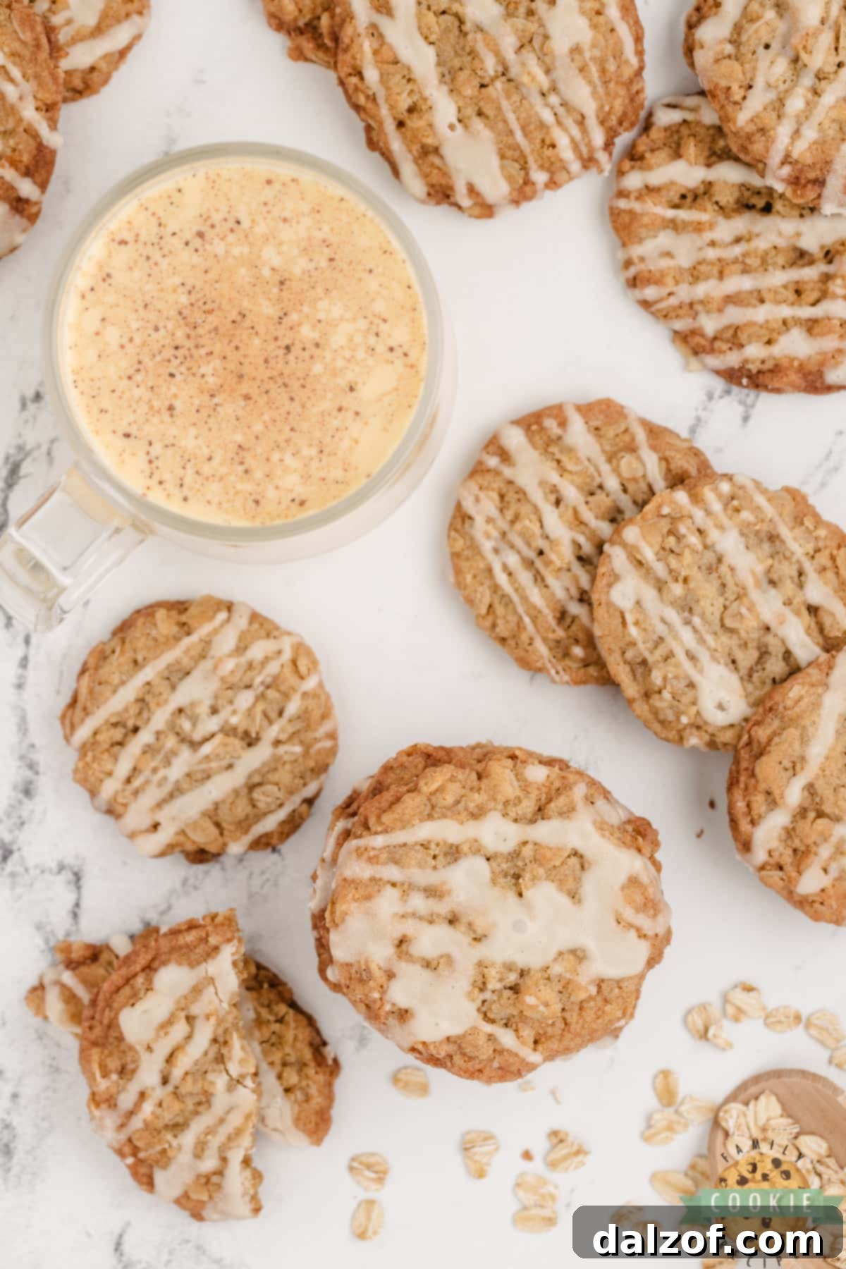 Eggnog oatmeal cookies with eggnog glaze.