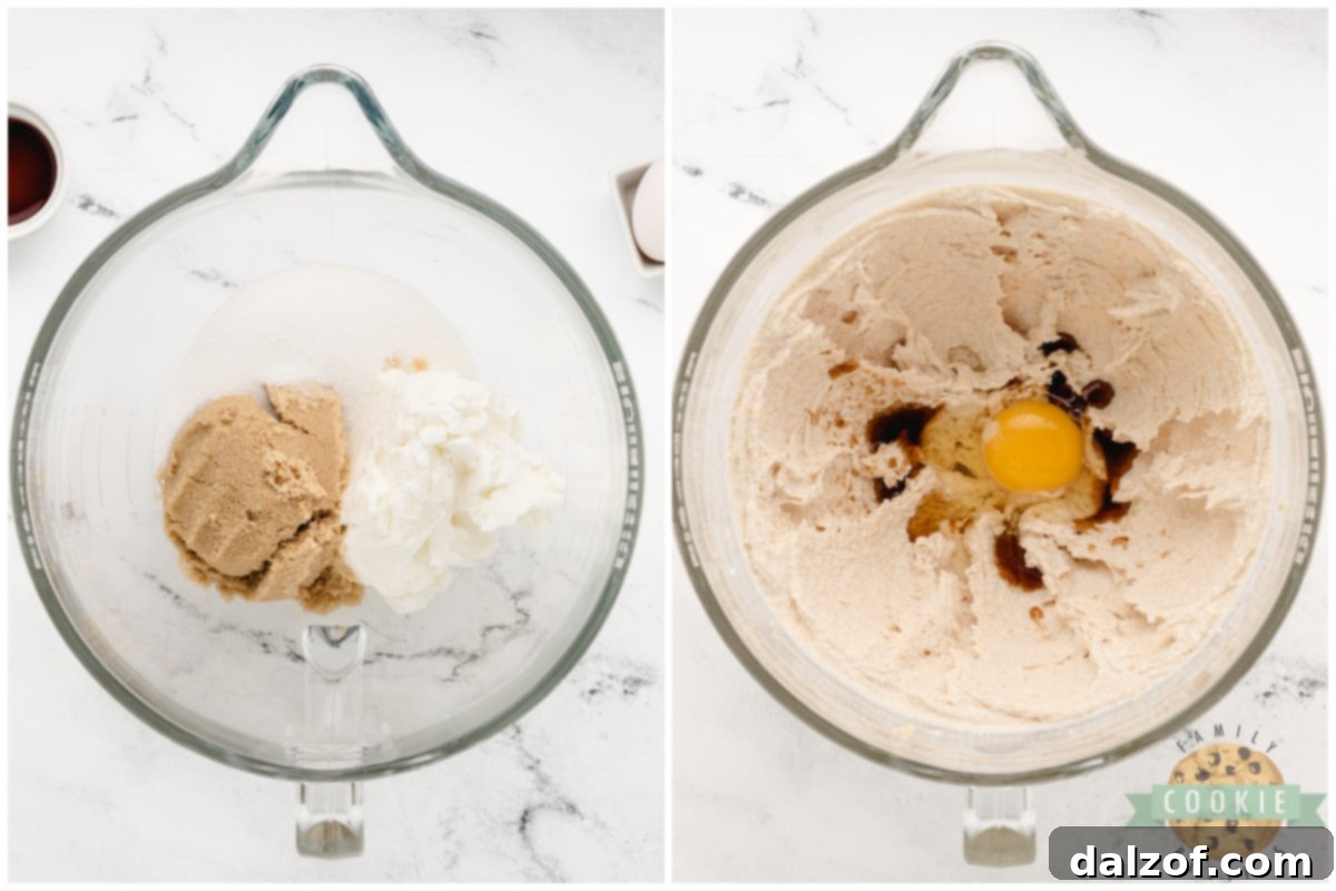Creaming shortening, sugars, egg and vanilla together.