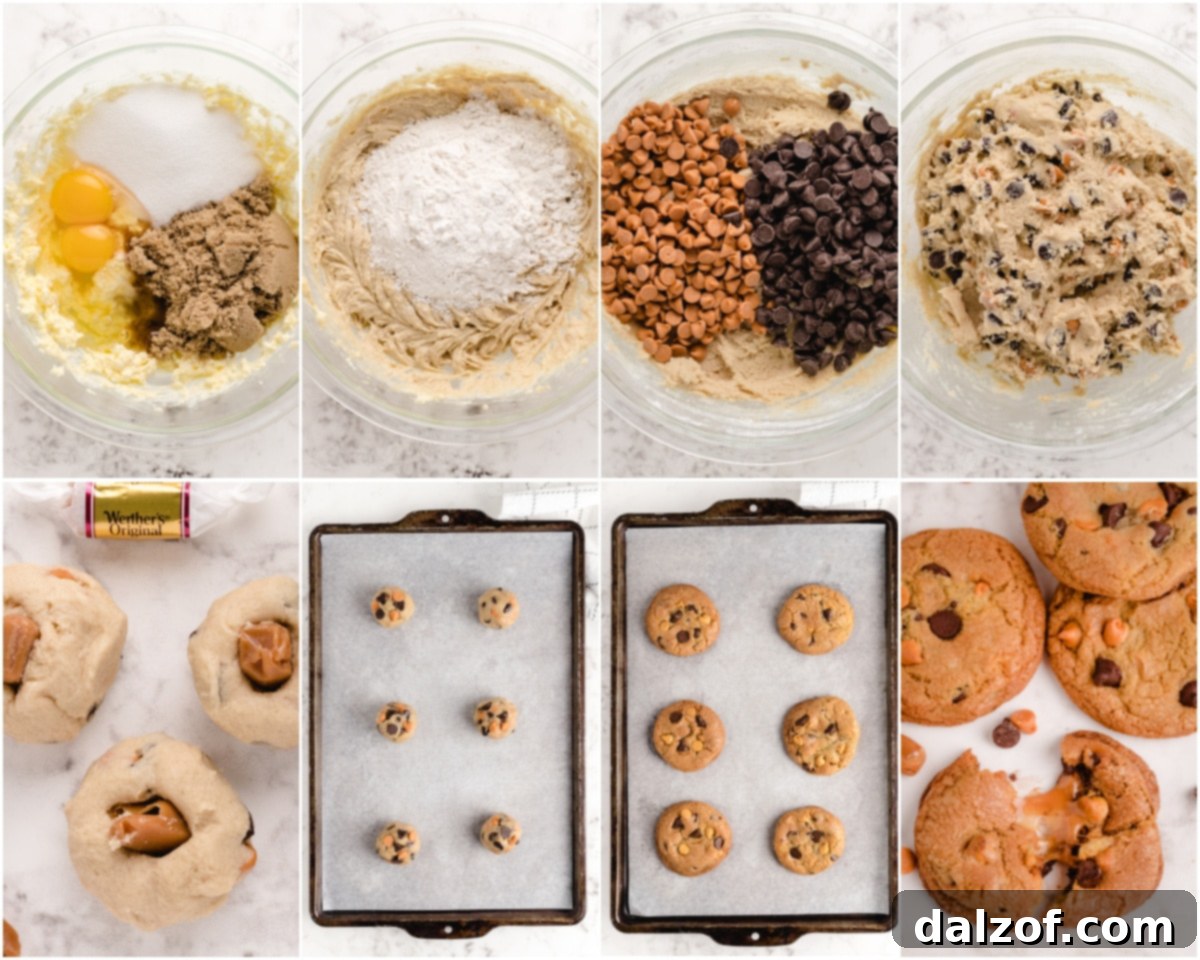 Overhead view of ingredients for Caramel Chocolate Chip Cookies laid out on a baking surface