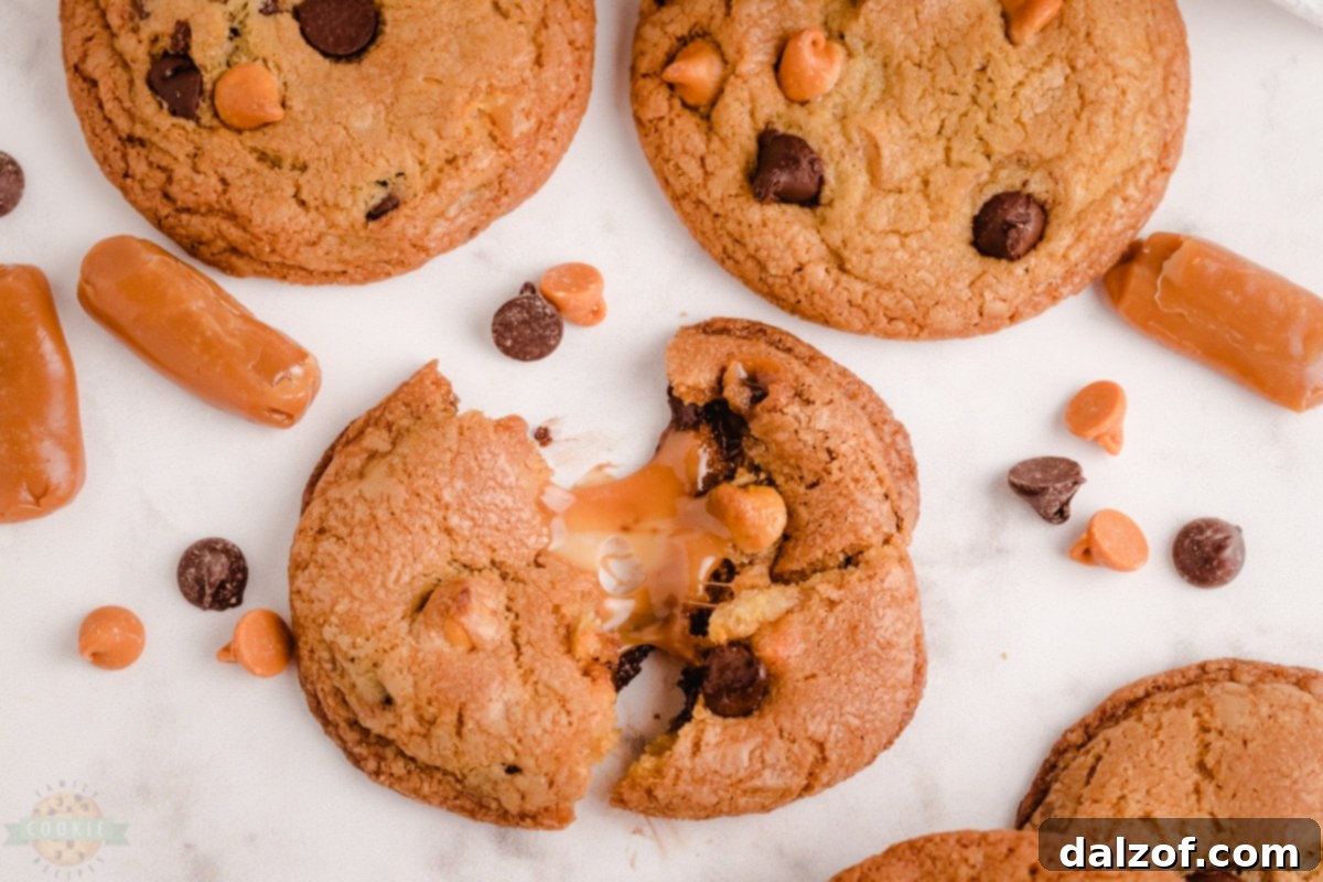 Assortment of Caramel Chocolate Chip Cookies on a white plate