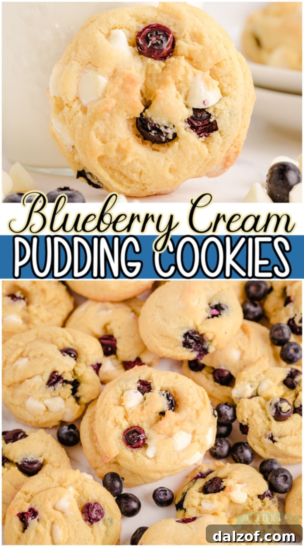 Pinterest pin image: Blueberry Cream Cookies recipe with fresh blueberries, vanilla pudding, and white chocolate chips