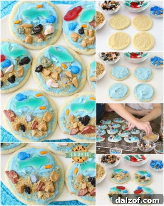 Under the Sea Cookies are soft sugar cookies topped with a fun ocean scene complete with gummy fish and sharks, chocolate rocks and a brown sugar ocean floor! Perfect for celebrating summer at the sea!