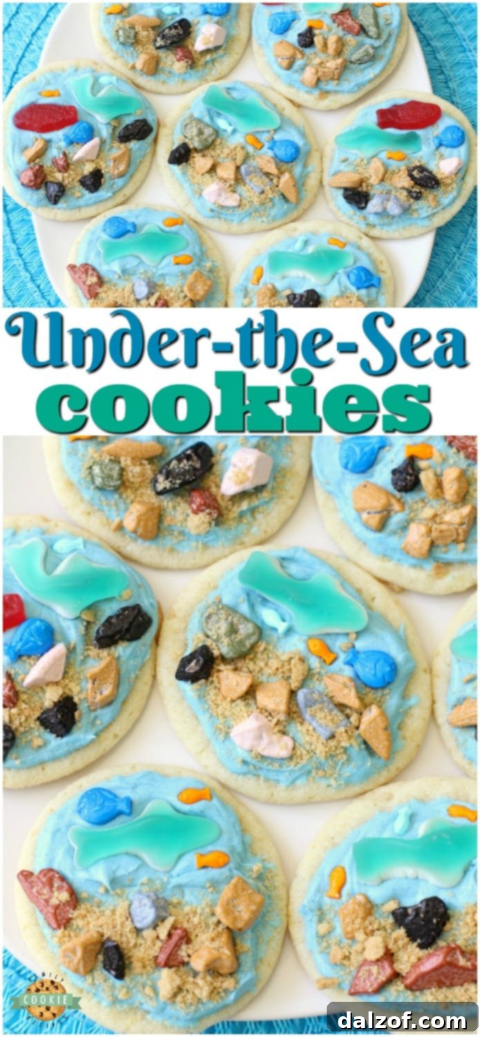 Under the Sea Cookies are perfect for summer parties with their fun ocean scene featuring gummy fish, sharks, and chocolate rocks on a soft sugar cookie base.