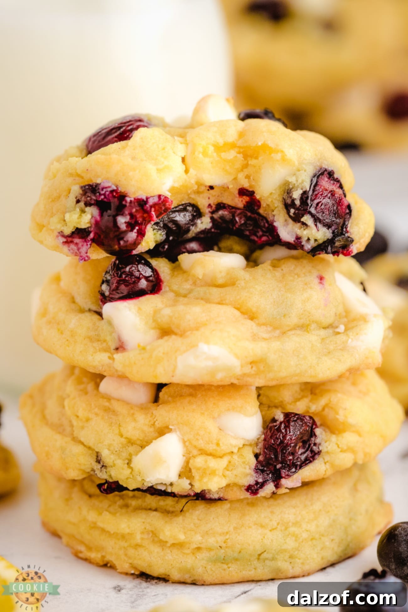 lemon blueberry cookies with a bite taken out