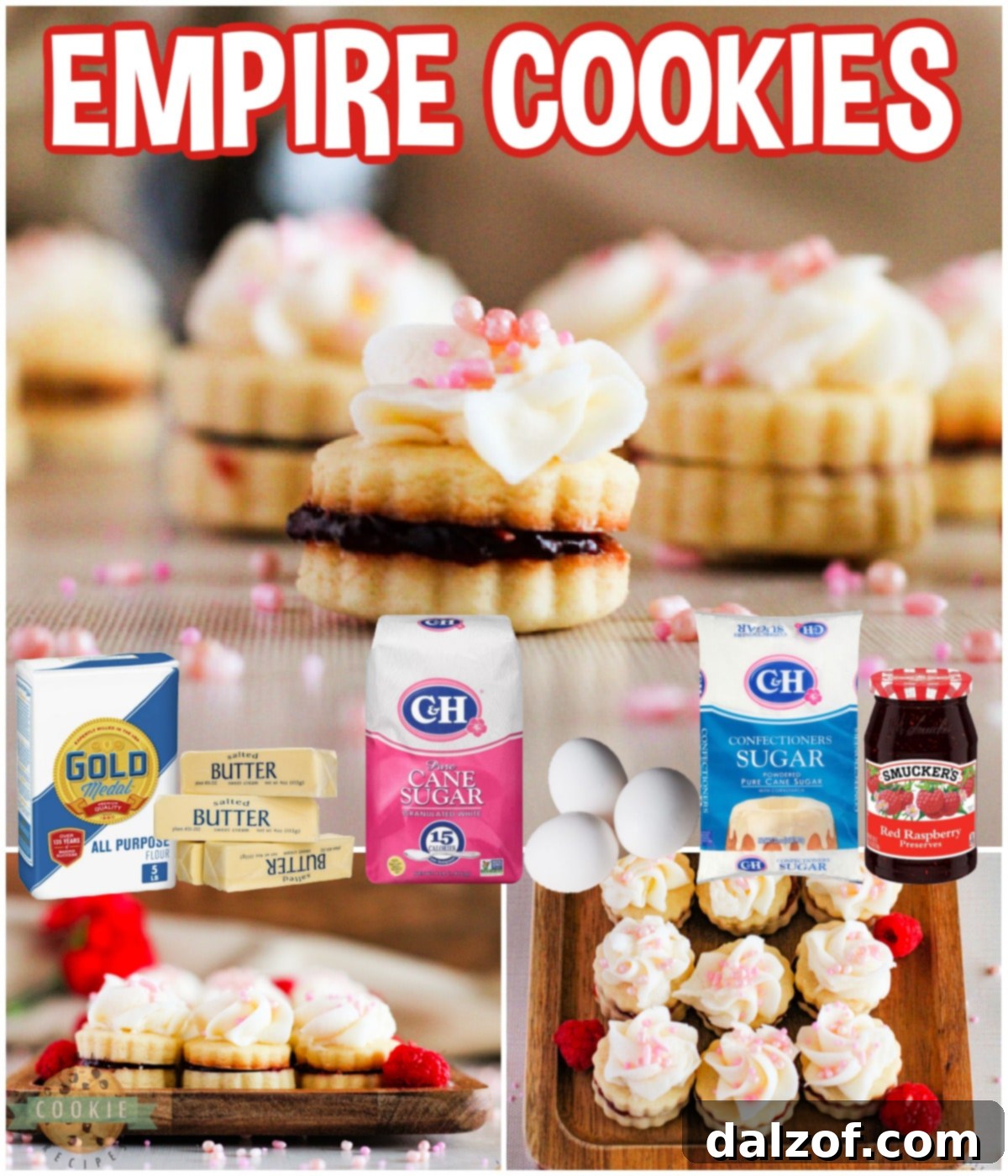 Empire Cookies are buttery shortbread cookie sandwiches filled with raspberry jam and topped with a simple buttercream frosting. Delicious cookies that are both pretty and delicious!
