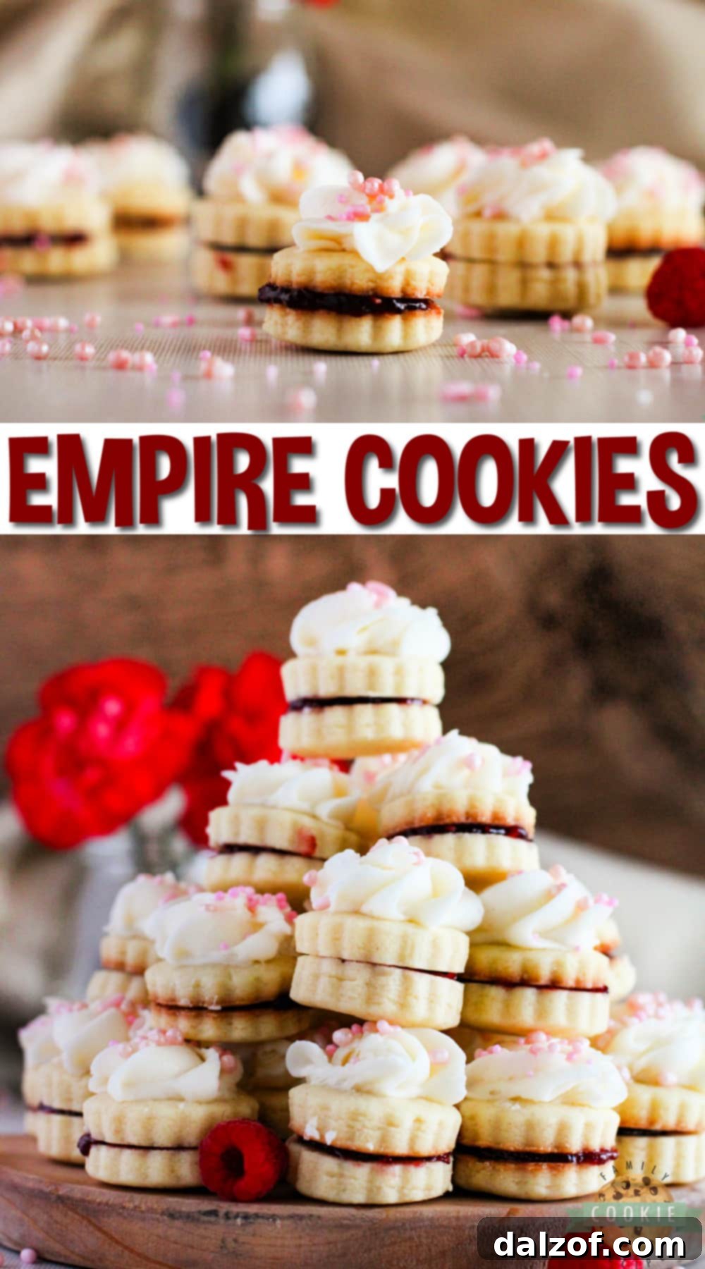 Empire Cookies are buttery shortbread cookie sandwiches filled with raspberry jam and topped with a simple buttercream frosting. Delicious cookies that are both pretty and delicious!