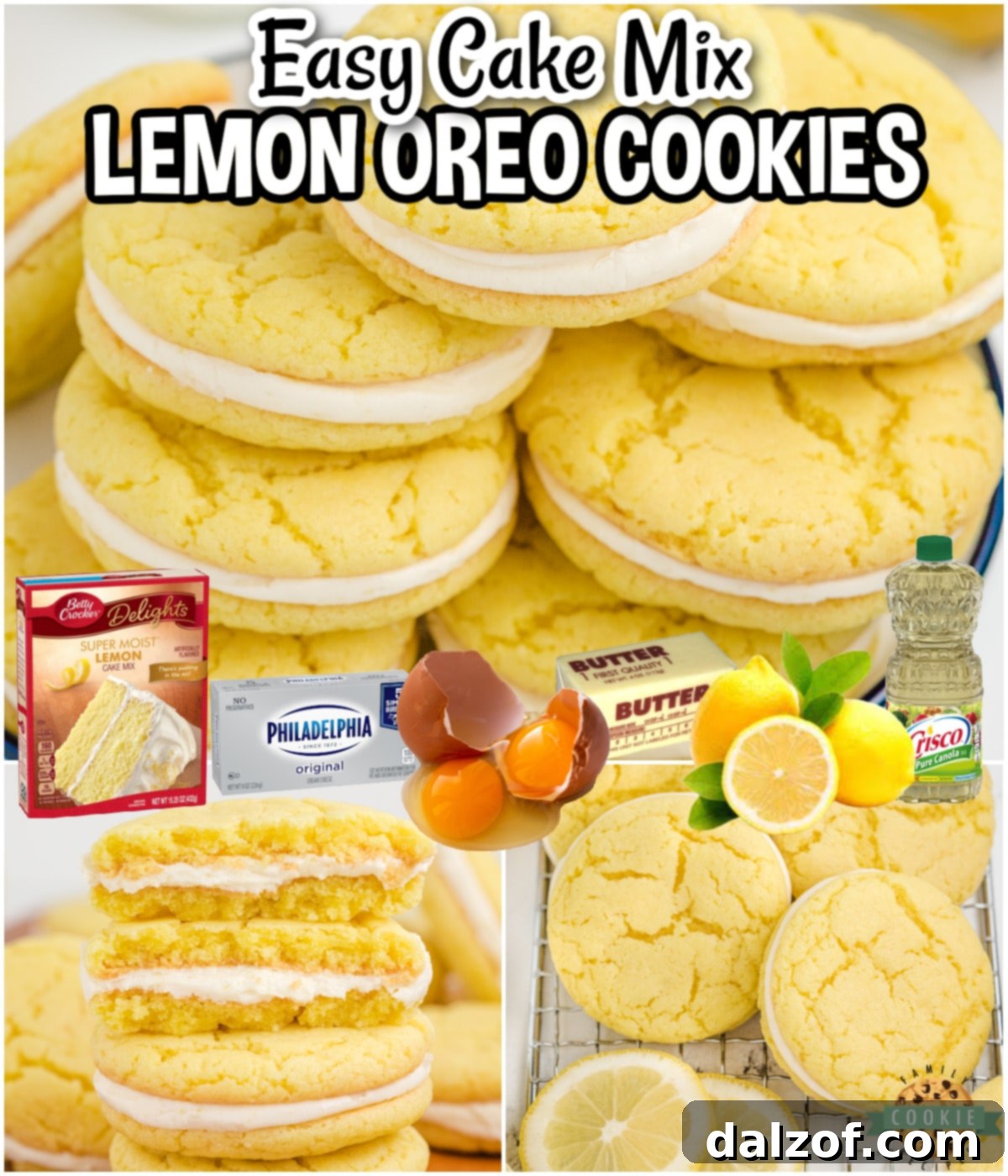 Zesty Lemon Oreo Cake Mix Cookies 7 A collage featuring various images of Cake Mix Lemon Oreo Cookies, emphasizing their ease of preparation and delicious taste with a lemon cream cheese filling. The collage includes cookies on a cooling rack, assembled sandwiches, and ingredients, highlighting them as a unique and delicious twist on a classic treat.