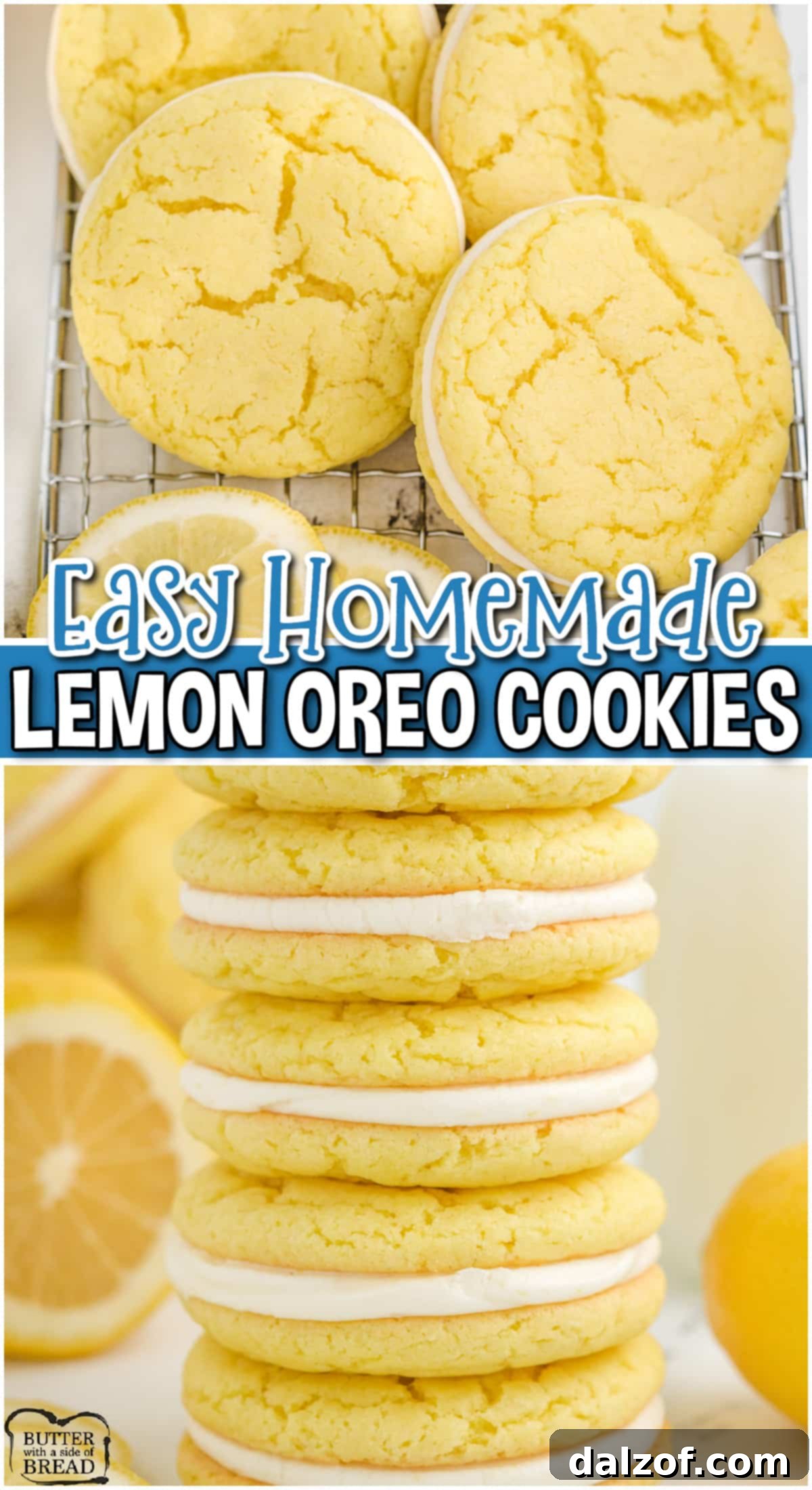 Zesty Lemon Oreo Cake Mix Cookies 8 A beautifully arranged image of Homemade Lemon Oreo Cookies, emphasizing their appeal as an easy and delicious cake mix recipe with a lemon cream cheese filling. Perfect for a recipe pin.
