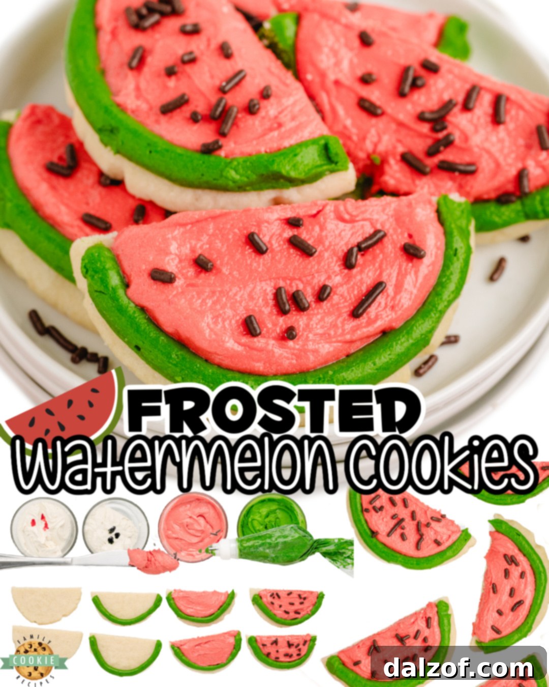 A collage featuring various Watermelon Sugar Cookies with pink and green frosting, showcasing their fun and festive appeal.