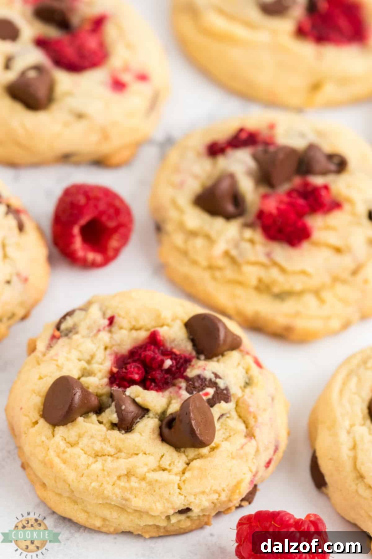 Close-up of a delightful cookie recipe featuring the perfect combination of chocolate and fresh raspberries.
