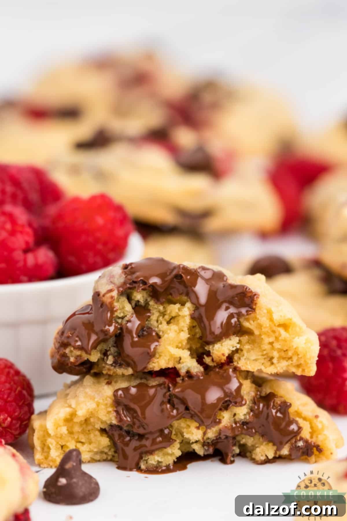 Delicious pudding cookies with a delightful mix of chocolate chips and fresh raspberries, showcasing their soft and chewy texture.
