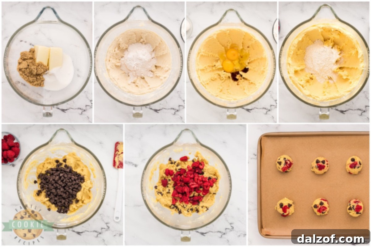 Step-by-step photographic instructions on how to bake delicious Raspberry Chocolate Chip Cookies.