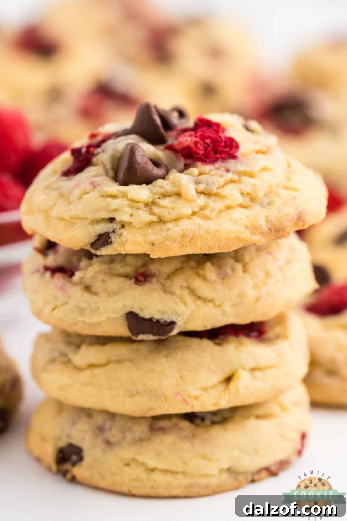 Beautifully baked chocolate chip cookies studded with fresh raspberries, ready to be enjoyed.