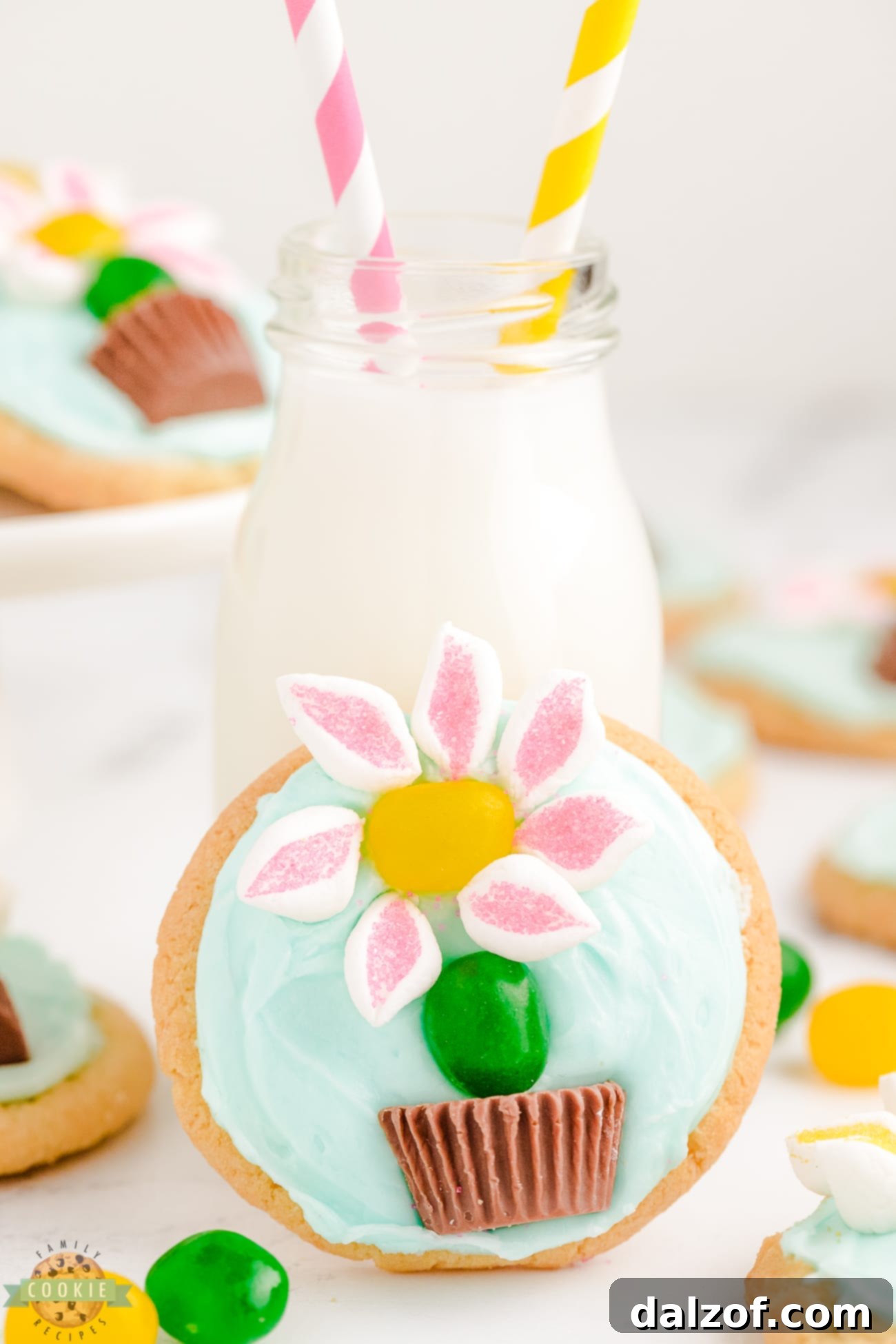 Close-up view of marshmallow flower cookies, showcasing the delicate marshmallow petals and vibrant jelly bean centers against the blue frosting.