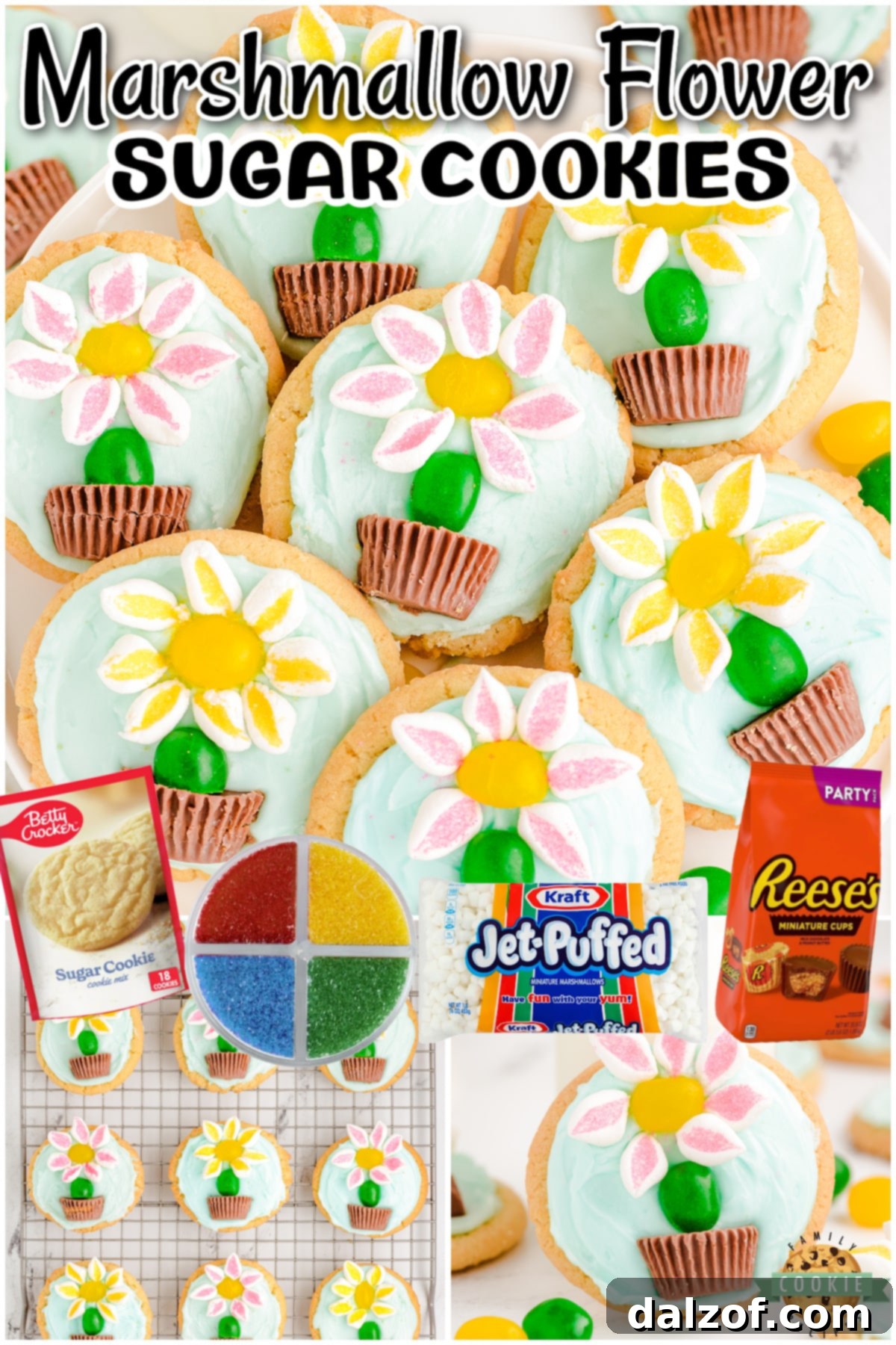 Marshmallow Flower Cookies are easy to make and perfect for Spring baking! Cute flower sugar cookies topped with marshmallow flowers, a jelly bean stem, in a peanut butter chocolate pot.