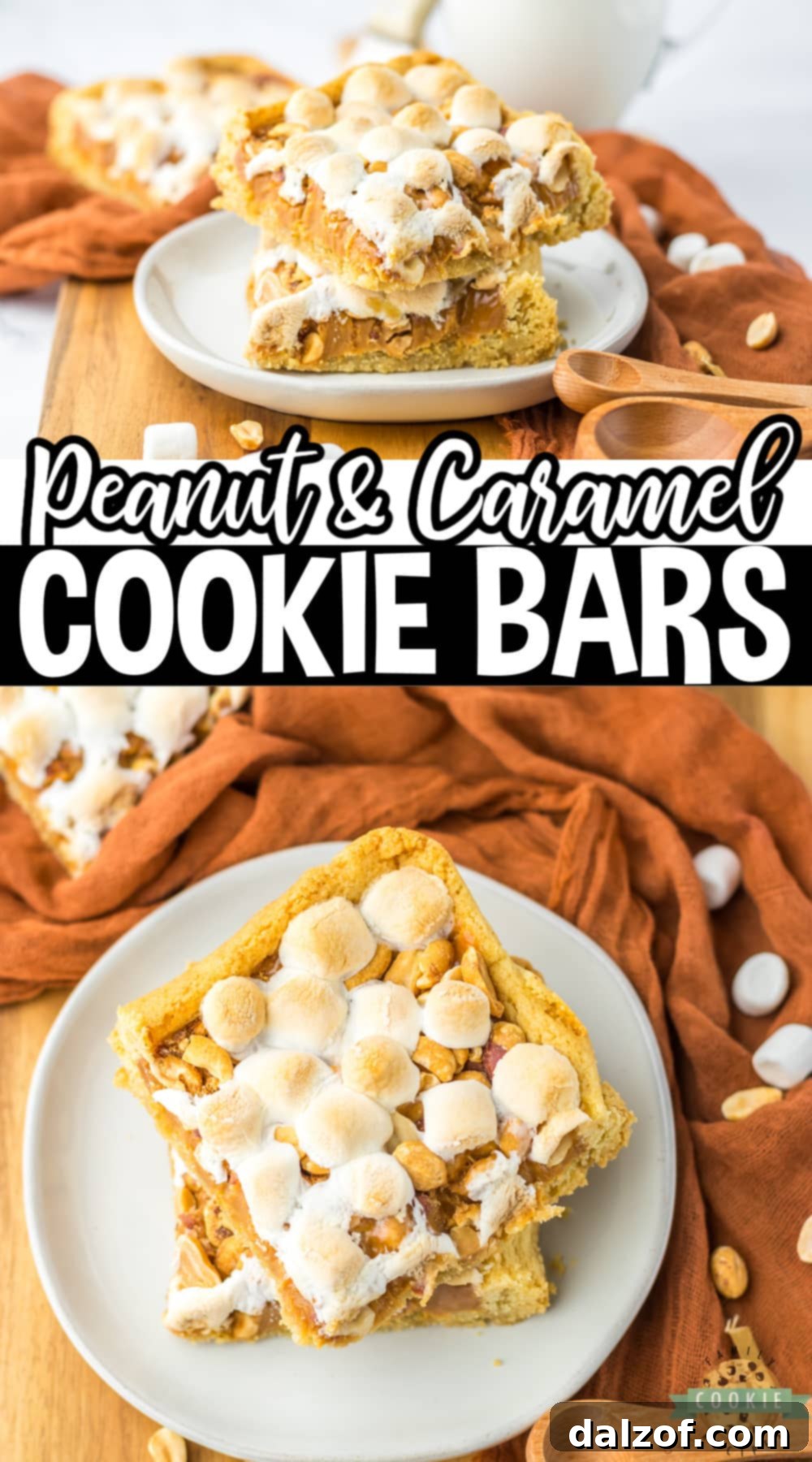 Easy Peanut Caramel Cookie Bars are made with only 5 ingredients! Chewy cookie bar recipe made with a sugar cookie crust that is topped with melted caramel, peanuts and marshmallows. 