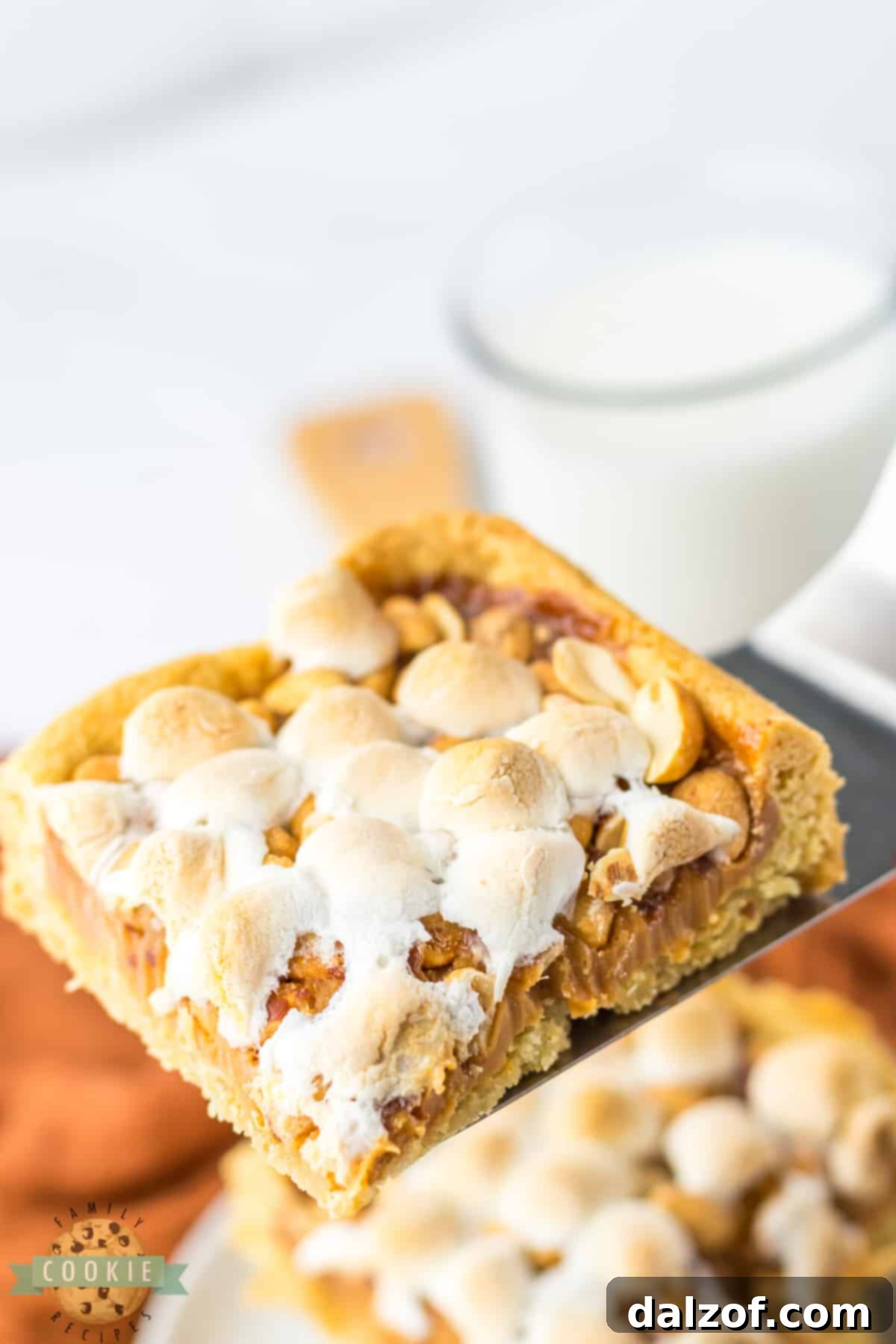 Sugar cookie bars with peanuts, marshmallow and caramel. 