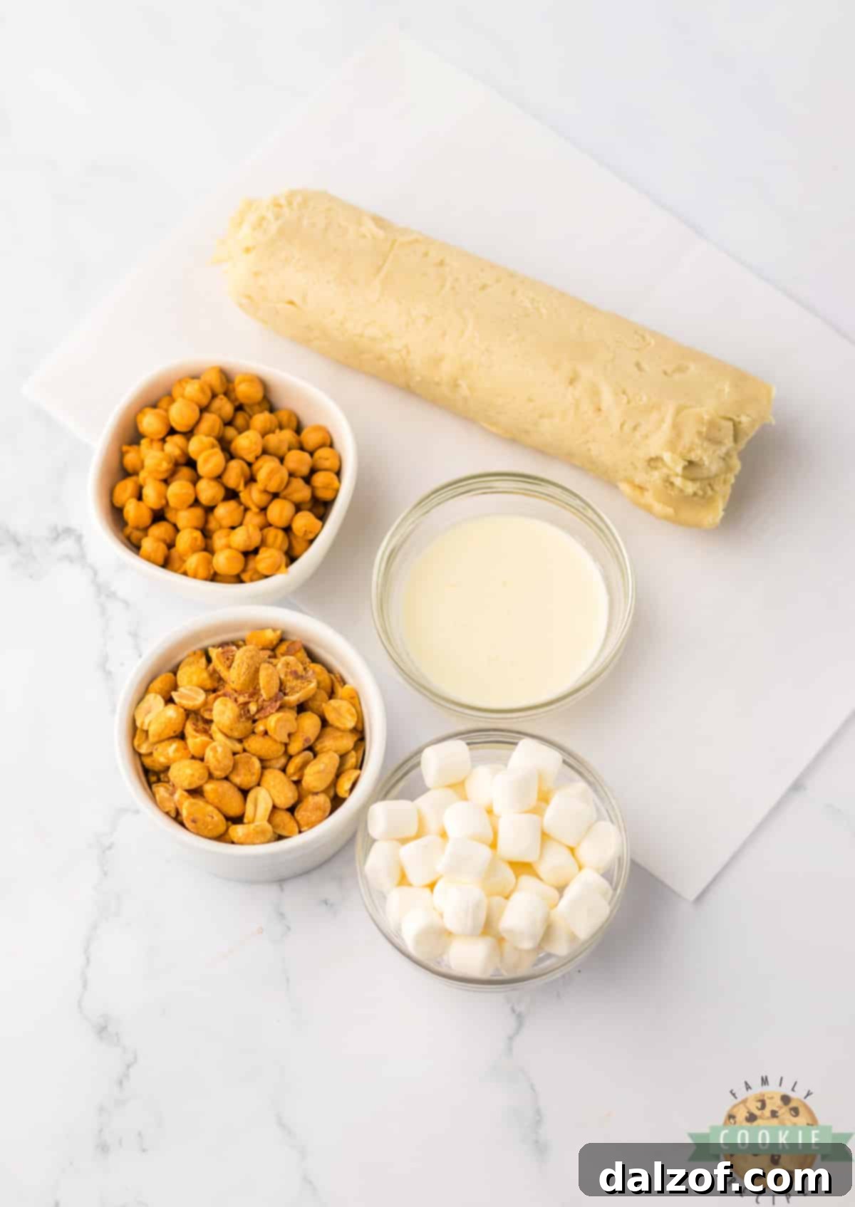 Ingredients in Easy Peanut Caramel Cookie Bars. 