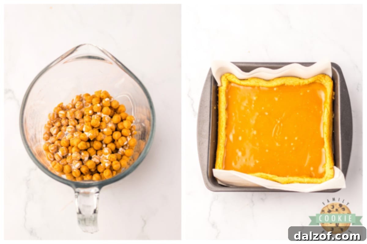 Melting caramel bits to make caramel layer. 