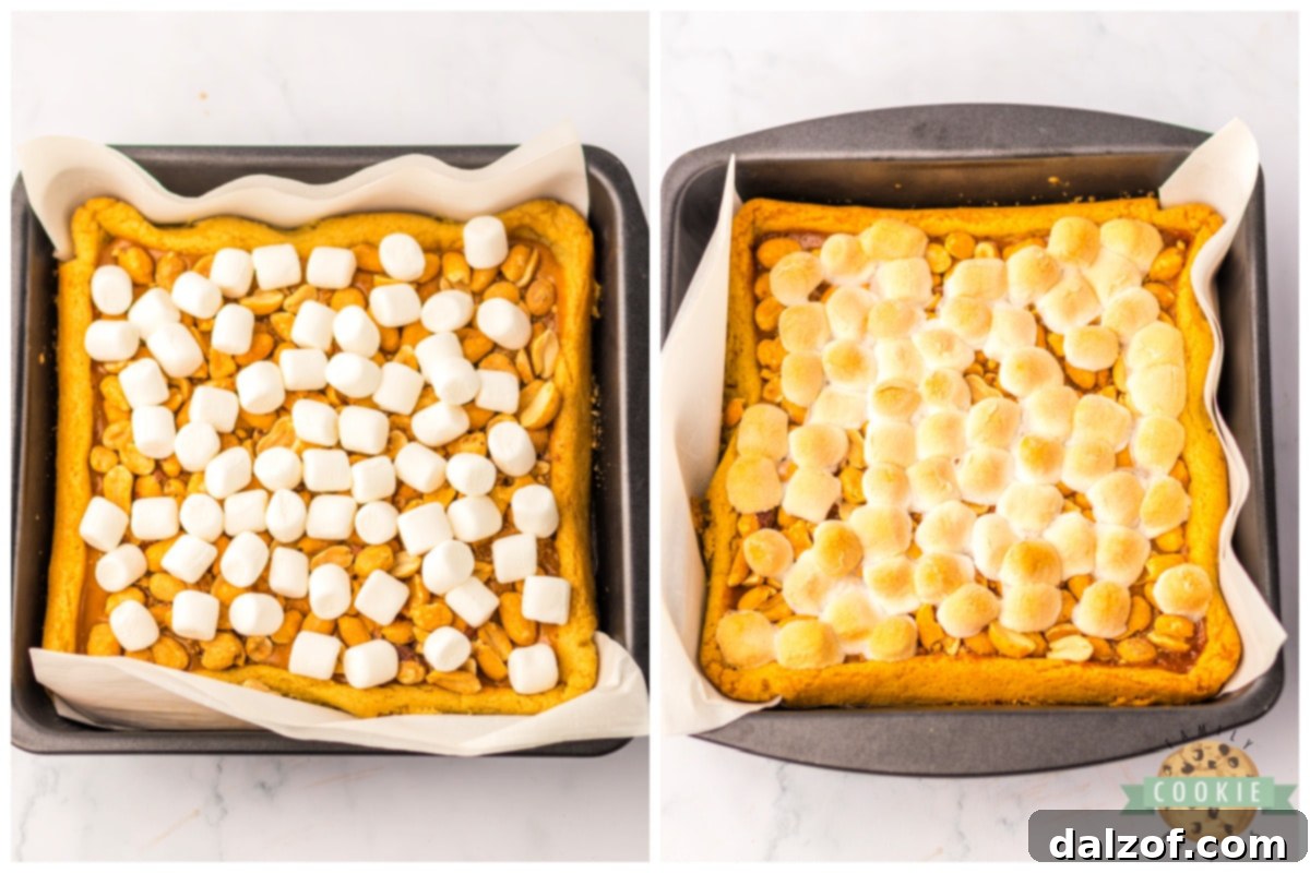 Adding peanuts and marshmallows to cookie bar recipe.