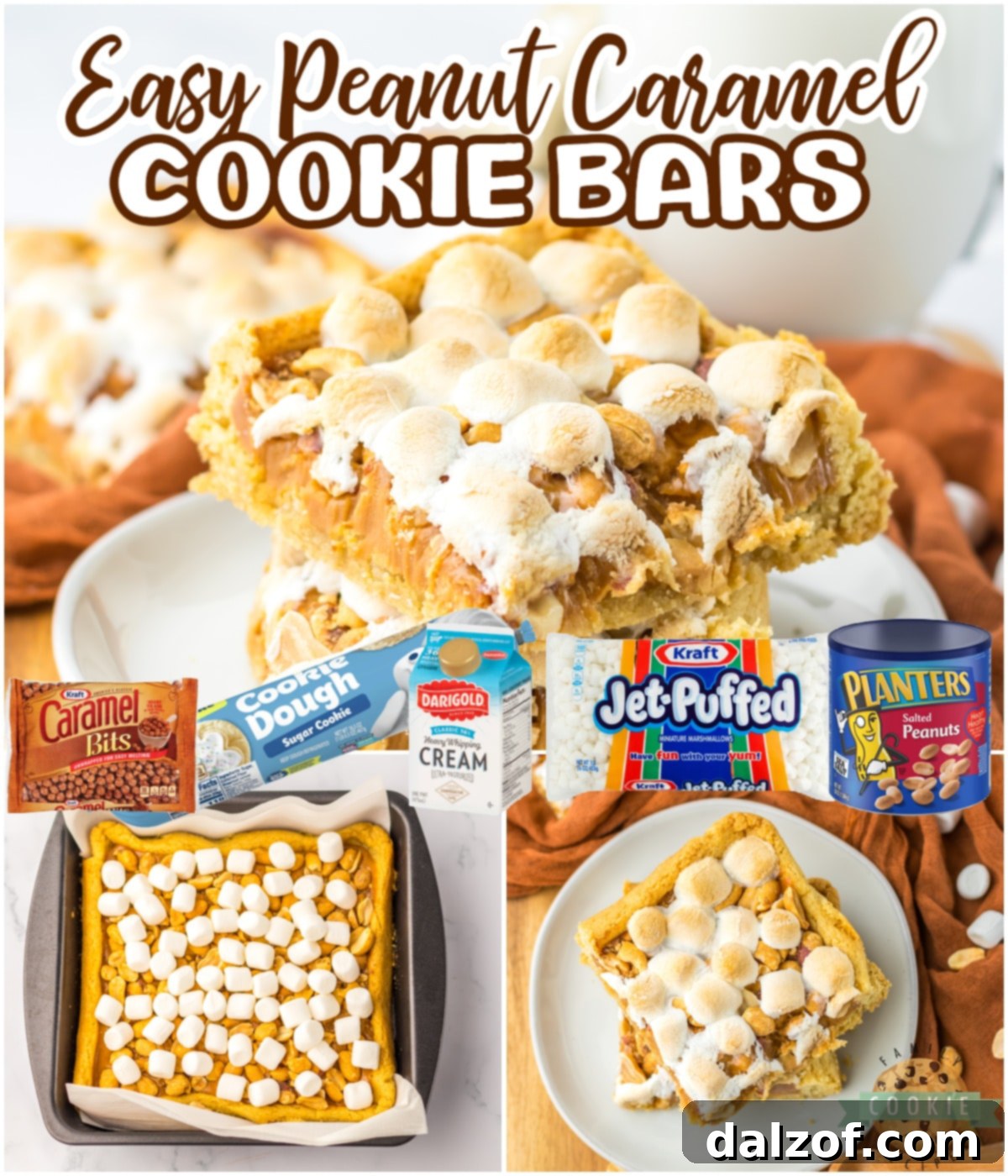 Easy Peanut Caramel Cookie Bars are made with only 5 ingredients! Chewy cookie bar recipe made with a sugar cookie crust that is topped with melted caramel, peanuts and marshmallows. 