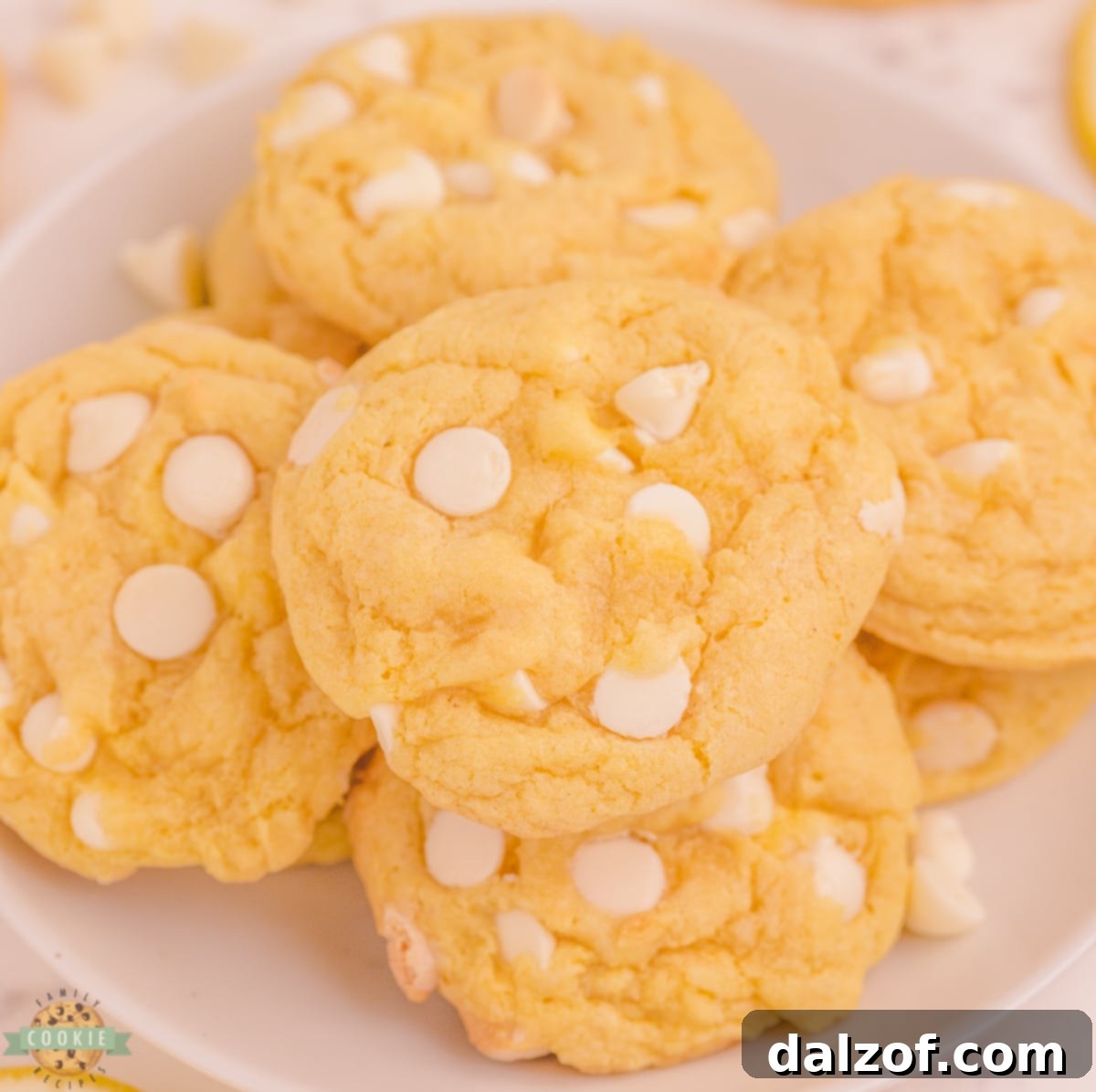 Basket of White Chocolate Chip Lemon Cookies on a patterned cloth