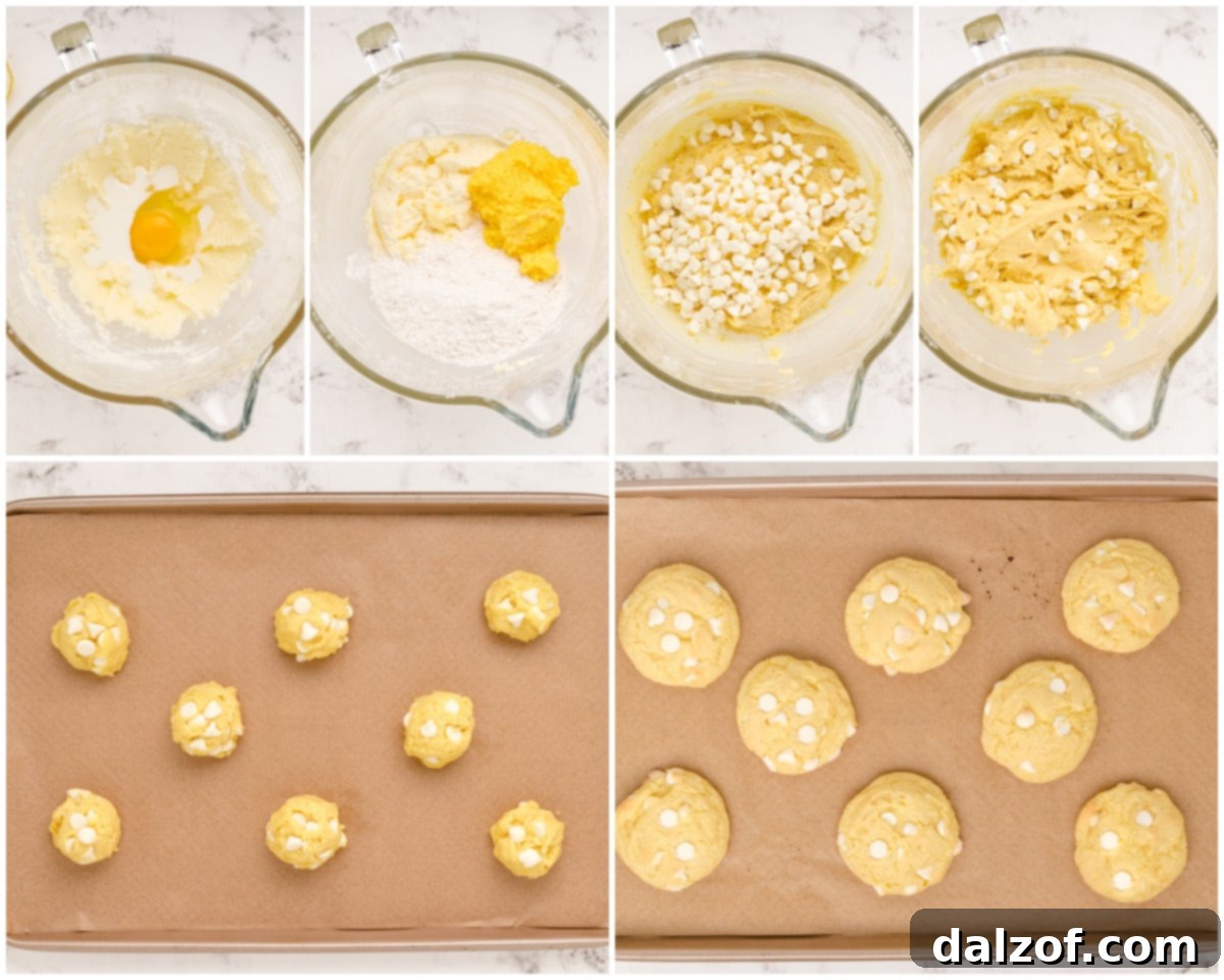 Overhead shot of cookie dough being prepared for White Chocolate Chip Lemon Pudding Cookies