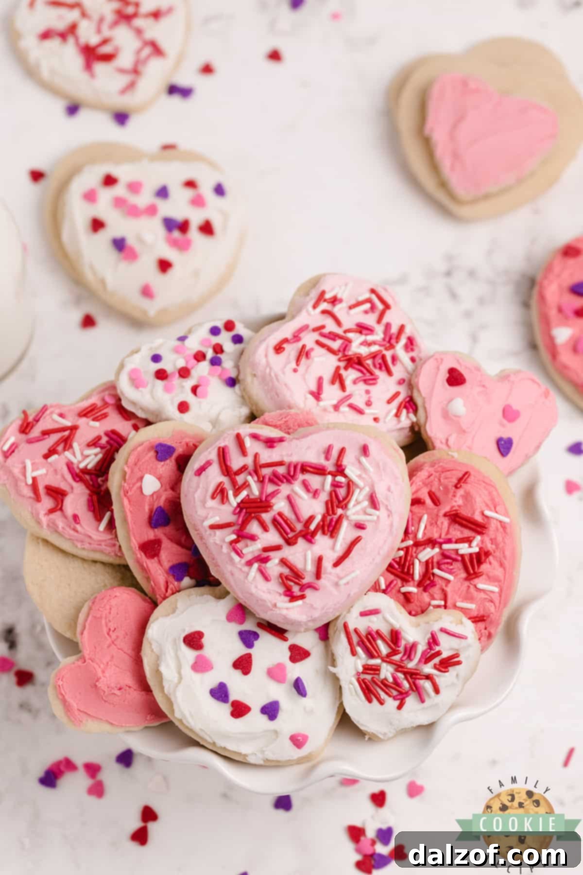 Plate of heart-shaped sugar cookies.