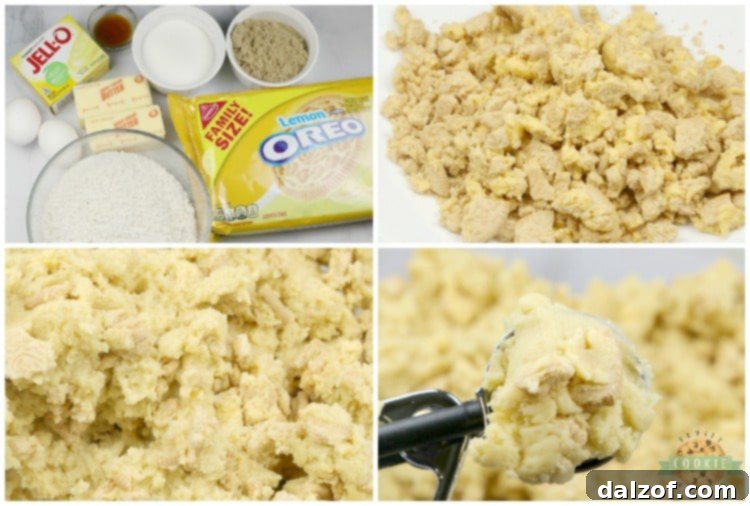 Step-by-step guide to making luscious lemon pudding cookies, featuring instant lemon pudding mix and coarsely crushed Lemon Oreos for a vibrant, delicious treat.