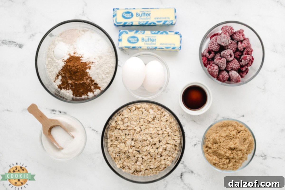 Ingredients for Raspberry Oatmeal Cookies. 