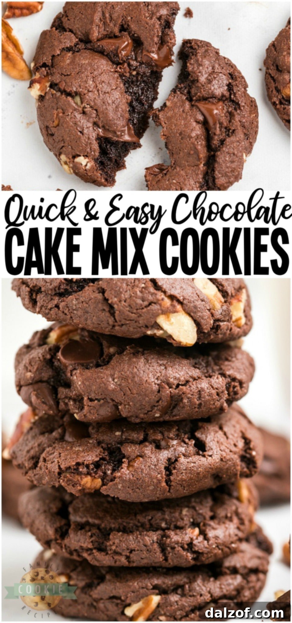 Vertical Pinterest-optimized image showing a close-up of fudgy chocolate cake mix cookies, featuring visible chocolate chips and pecans, with text overlay: 'Chocolate Cake Mix Cookies - 5 Ingredients - So Easy!'