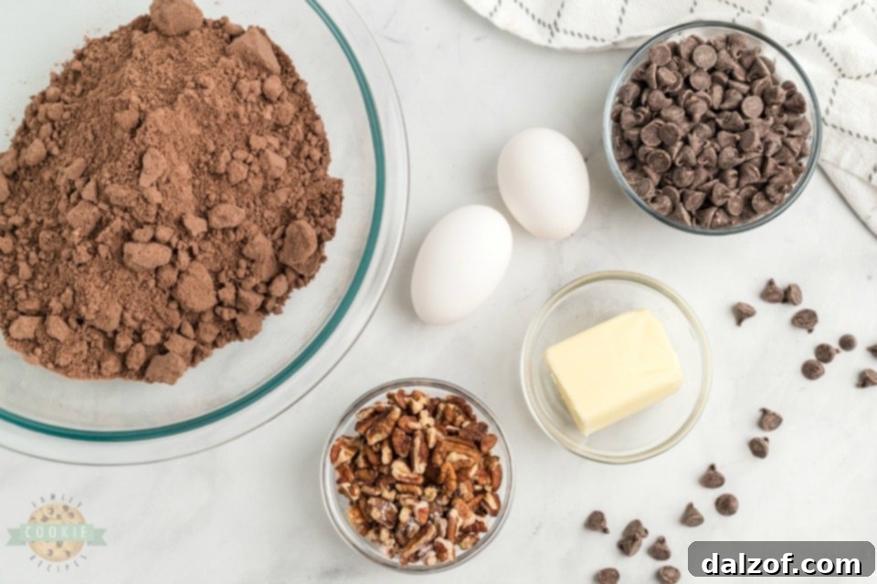 All 5 simple ingredients for chocolate cake mix cookies laid out: chocolate cake mix, eggs, melted butter, chocolate chips, and pecans.