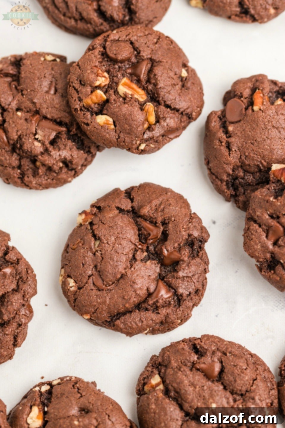 Plated chocolate cake mix cookies garnished with additional chocolate chips and pecans.