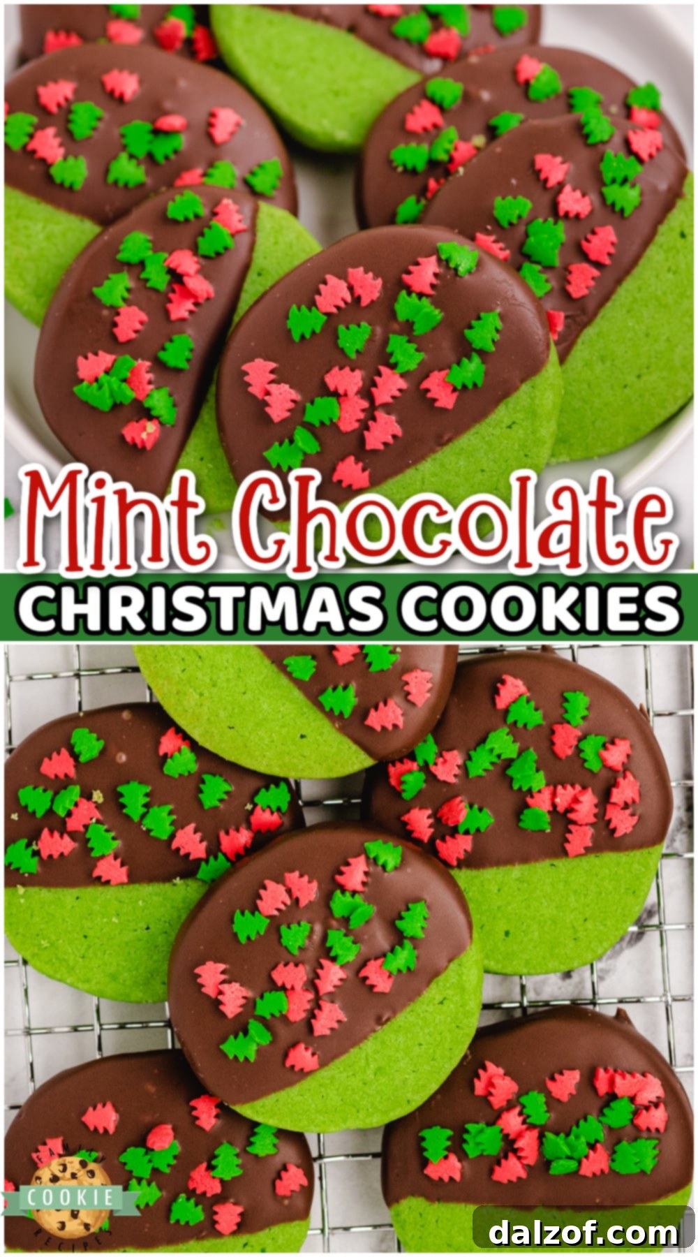 A mouth-watering image of Mint Christmas Cookies, featuring a buttery shortbread base, rich chocolate dip, and festive holiday sprinkles, perfect for any holiday occasion.