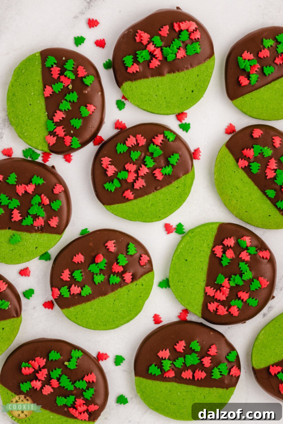 A close-up of a green Christmas cookie, half-dipped in rich chocolate, showcasing its beautiful minty color.