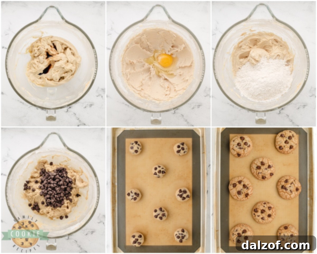 Step-by-step imagery showing how to make copycat Grand Floridian Chocolate Chip Cookies with half lard and half butter, focusing on mixing the dough