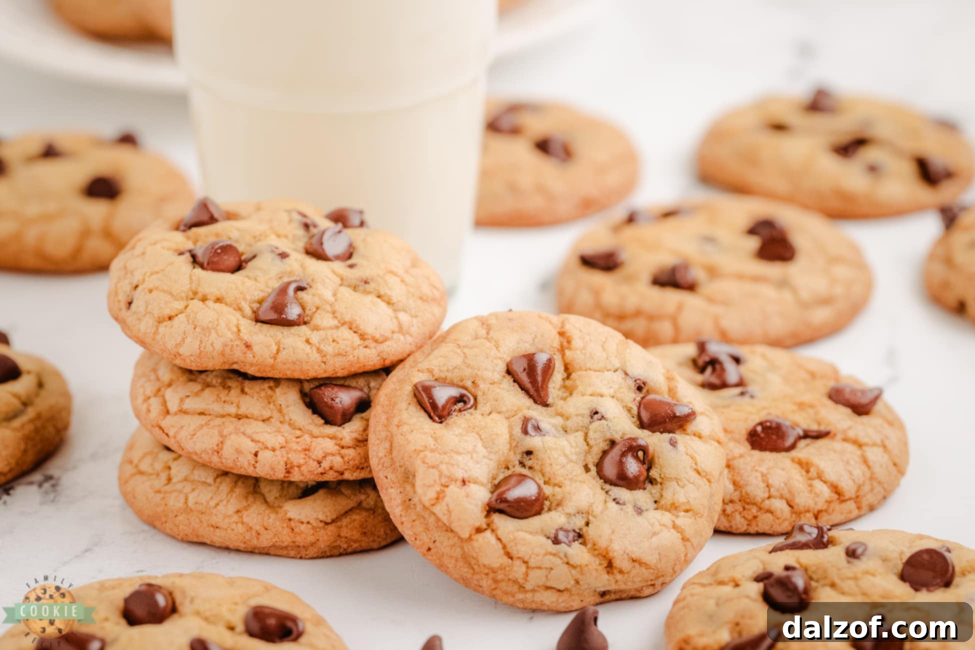 A plateful of golden-brown Grand Floridian Chocolate chip cookies served with a glass of milk, ready to be enjoyed