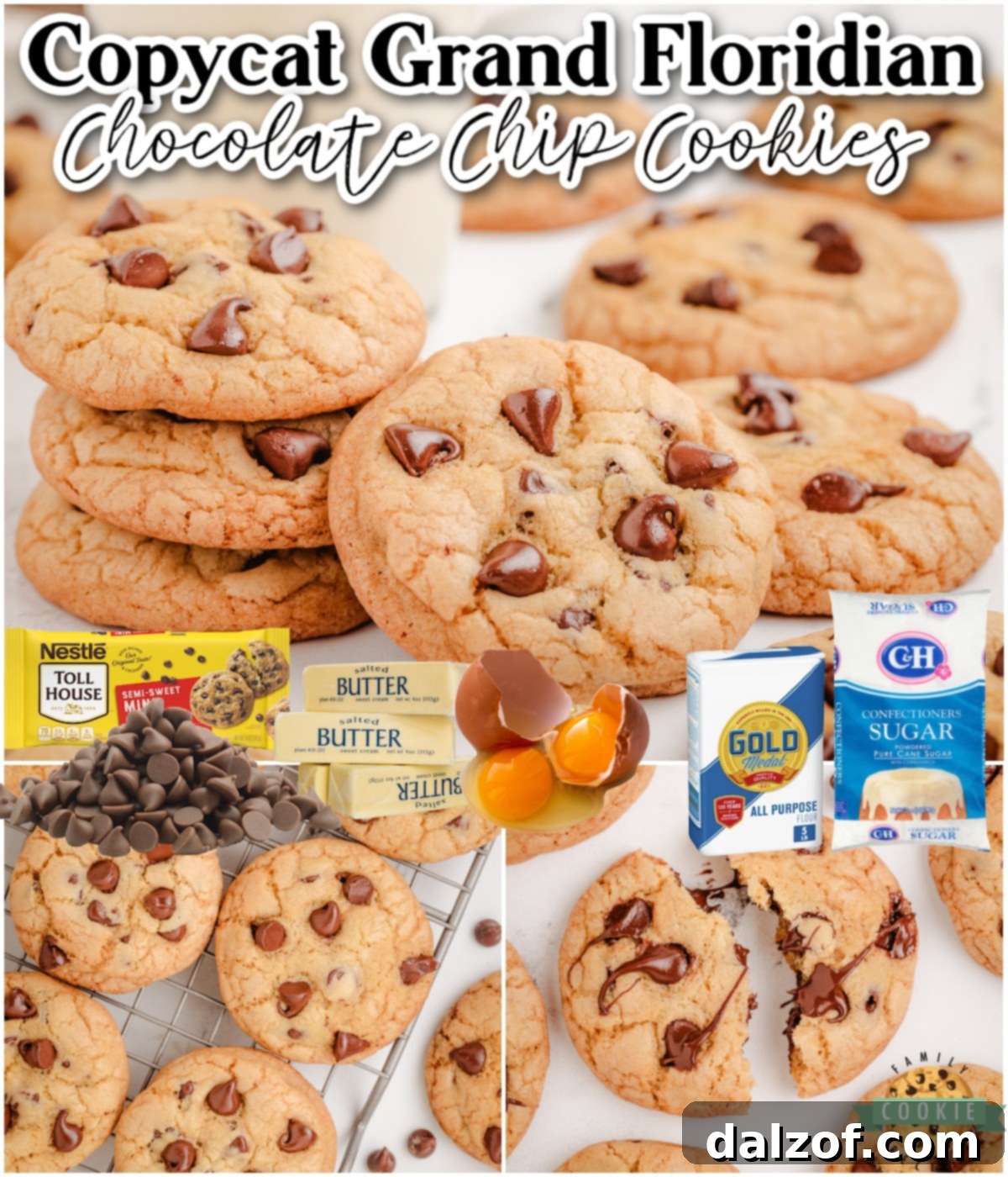 A collage featuring images of Copycat Grand Floridian Hotel Chocolate Chip Cookies, highlighting their delicious appearance