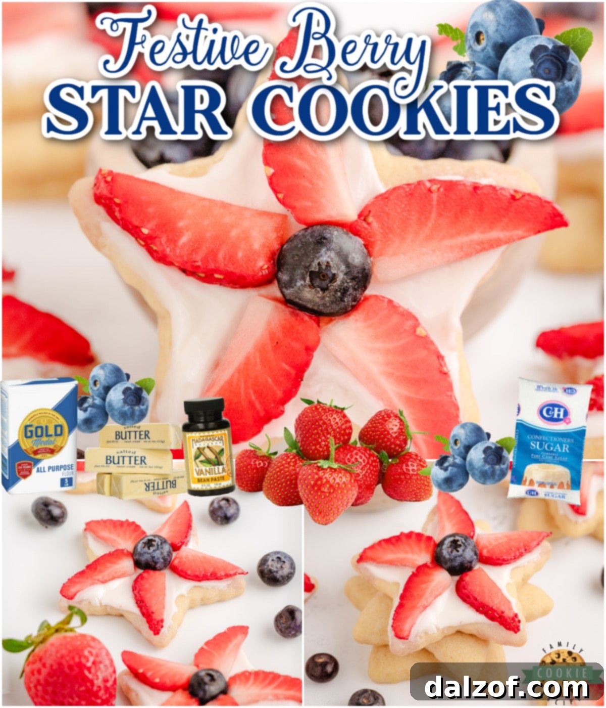A festive collage of 4th of July Berry Star Cookies, simple soft sugar cookies cut into star shapes, then baked & topped with buttercream frosting and berries! Perfect for 4th of July! 