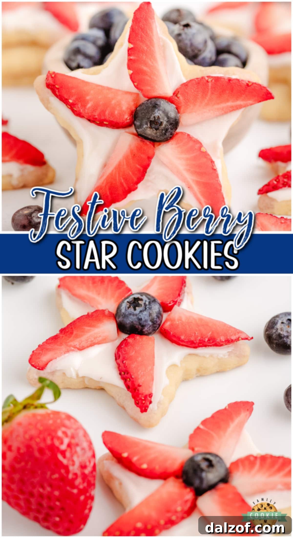 A Pinterest-friendly image of 4th of July Berry Star Cookies, simple soft sugar cookies cut into star shapes, then baked & topped with our favorite buttercream frosting and berries! Perfect for 4th of July!