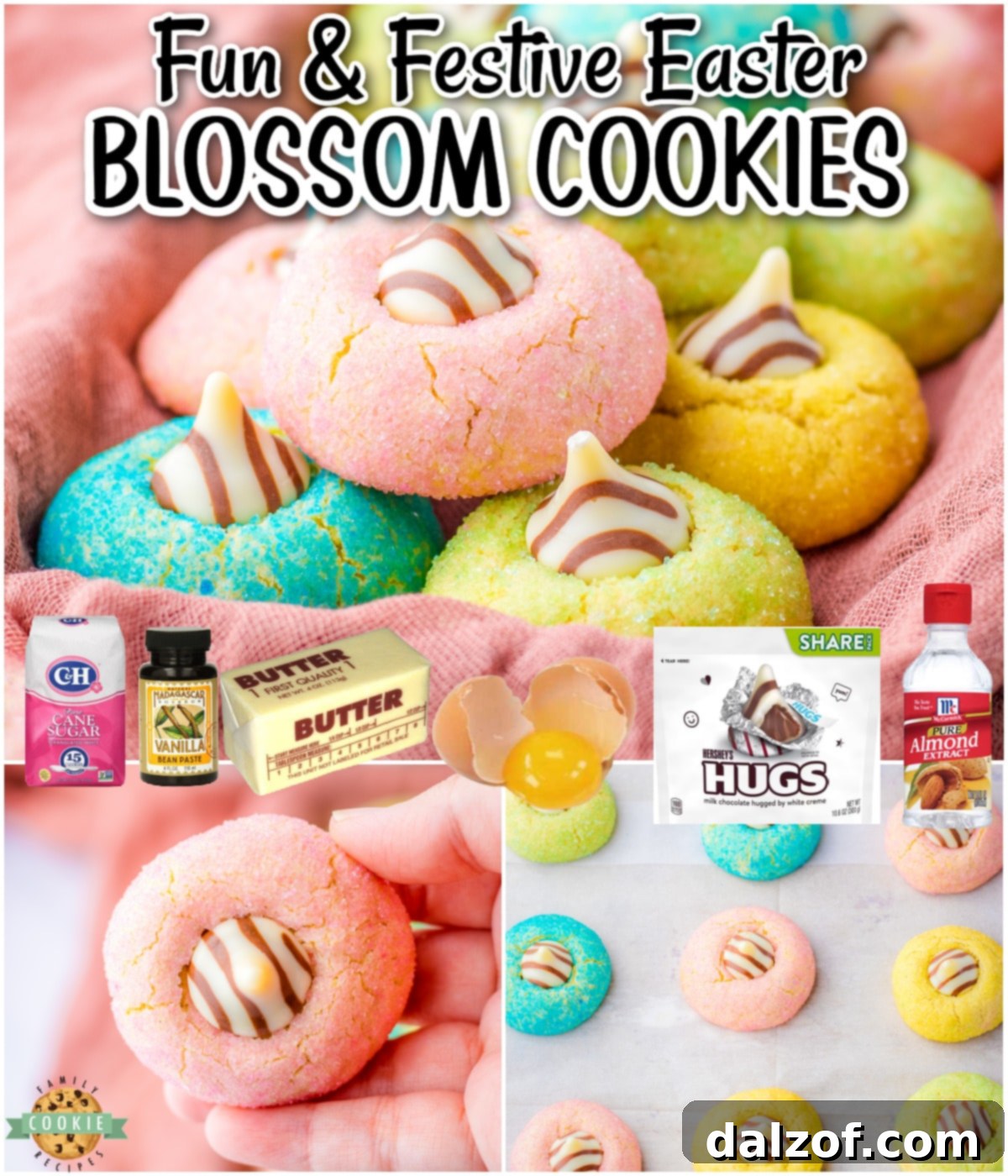 Easter Blossom Cookies are rolled in pastel sanding sugar before being baked and topped with a chocolate kiss. Lovely simple Easter cookies are a festive family favorite!