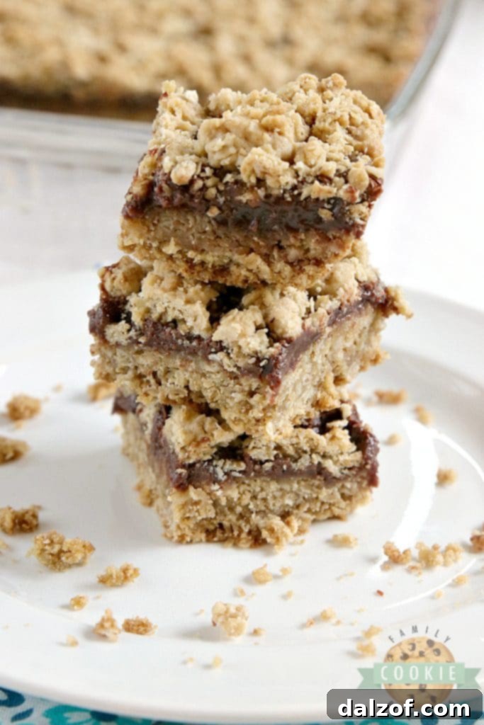 Close-up of a stack of Fudgy Oatmeal Cookie Bars, showing the beautiful layers and the fudgy chocolate ganache oozing slightly.