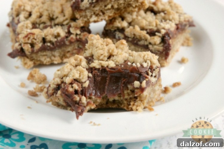 A top-down view of a pan of Fudgy Oatmeal Cookie Bars, perfectly baked and sliced, ready for enjoyment.