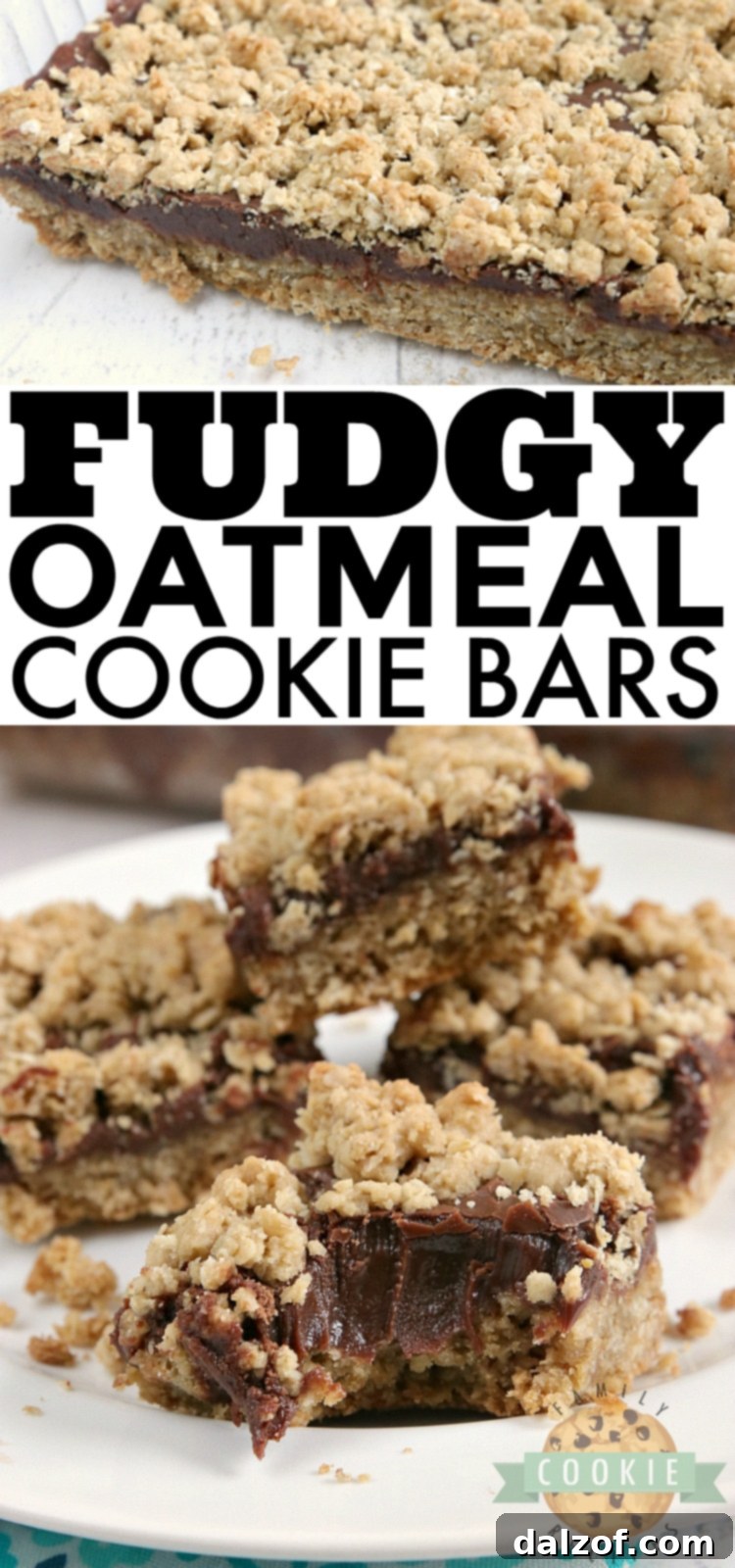 A vibrant, close-up image of the Fudgy Oatmeal Cookie Bars, highlighting the rich chocolate filling and hearty oat texture.