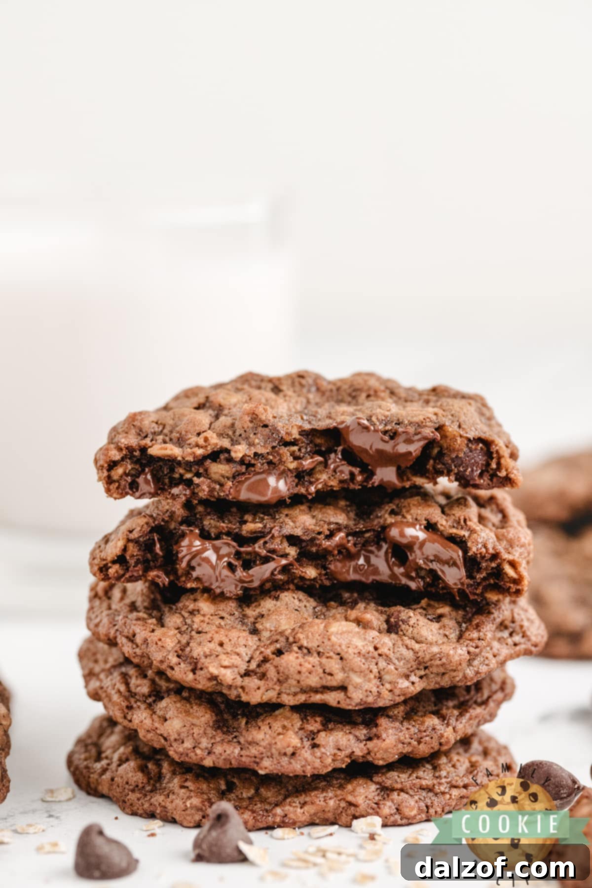 A close-up shot of a stack of warm, freshly baked Double Chocolate Oatmeal Cookies, soft, chewy, and loaded with chocolate chips. Perfect for any chocolate lover.