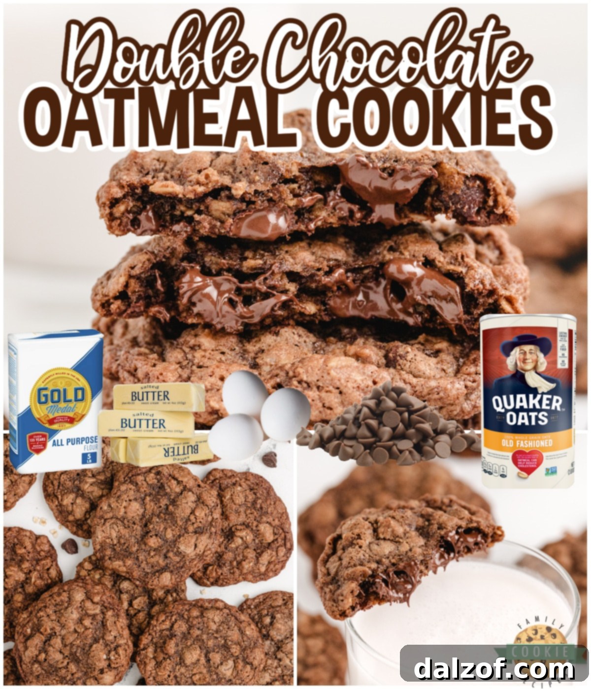A collage featuring various close-up shots of Double Chocolate Oatmeal Cookies, highlighting their chewy texture, melted chocolate, and appealing golden-brown edges.
